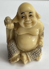 Vintage Japanese Netsuke “Hotei” Laughing Buddah Holding Mouse, Coloured Carving