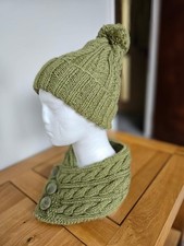 Hand Knitted In A Cable Stitch! Bobble Hat And Matching Neck/scarf Lime Coloured
