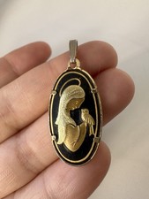 Vintage Damascene Madonna of the Birds Black Gold Tone Oval Metal Pendant