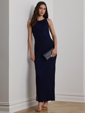 Ralph Lauren Zakaria Beaded Mesh Sleeveless Column Maxi Dress - Navy - UK 10 A