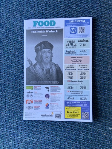 Wetherspoons food and - bar, menu