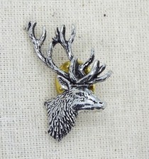 Stag Head Pin Badge (Artisan English Silver Pewter Brooch in pouch)