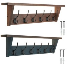Wall Mounted Coat Rack w/ Shelf, Solid Wood, 6 Hooks Hallway Entryway Kitchen