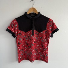Fred Perry x Amy Winehouse Polo Shirt UK 12 Black Red Paisley Retro Short Sleeve