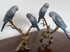 Pair Continental Porcelain & Ormolu Blue Budgerigar Birds On Branches.