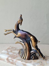 Art Deco Metal Jumping Deer on Marble Stand, Decorative Deer Sculpture