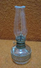 Vintage Clear Glass Oil Lamp LampLight Farms Austria 21cm Pierced Metal Collar