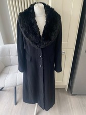JACQUES VERT PRINCESS MAXI LONG BLACK COAT FAUX FUR COLLAR SIZE 12 WOOL CASHMERE