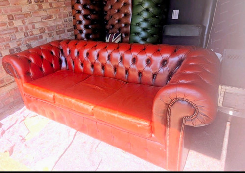 Red leather chesterfield - leather, sofa