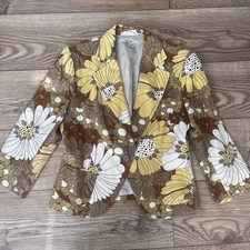 ZARA Linen Blend Floral Blazer Retro Yellow 70s Short Jacket EU 40 UK 12