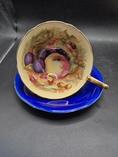 Aynsley Orchard Fruit Cobalt Blue Gold Gilded Teacup and Saucer Signed D Jones