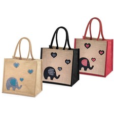 Jute Hessian Lunch / Shopping Bags / Shopper Tote - Decorated Elephant Design