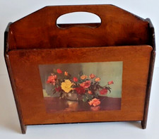 Vintage Retro 50's Wooden Paper Rack, Integrated Handle + Decoupage Floral Image