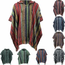 HIPPIE HOODIE PONCHO LONG ETHNIC MEXICAN STYLE GHERI COTTON FESTIVAL CAMPING