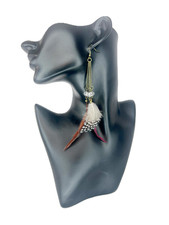 Long Natural White, Brown & Plum Feather Earrings on Gold Chain with Beads 15cm