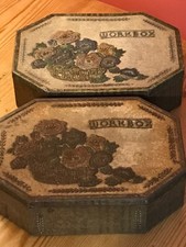 025e      2 x Antique / Vintage Sewing Workboxes  Tin Vintage Retro Embossed