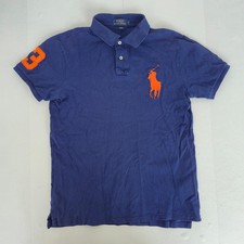 RALPH LAUREN Polo Shirt Large Blue Orange Men's Big Pony Cotton Slim Fit 