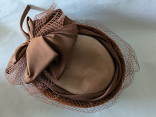 Vintage Mitzi Boutique 1940s Inspired Beige Velvet Pillbox Hat with net veil