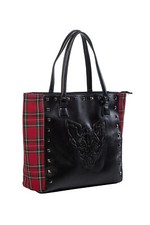 BANNED Apparel Red Tartan Gothic Embossed Sphynx Cat Phantom Form Tote Bag 