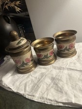 Set Of 3 Vintage Brass Enamel