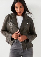 V by VERY Distressed Biker Jacket In Khaki Brown Faux Leather. Size 8. BNWT 