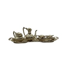 Vintage Miniature Silver Plate White Metal Regency Style Tea Set On Tray