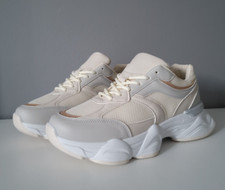 Women's Cream Trainers Sneakers Lace Up Chunky Sole Gym Sports Comfy Shoes Sizes