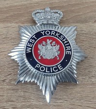 Obsolete WEST YORKSHIRE POLICE Chrome & Enamel HELMET PLATE/BADGE Queens Crown.