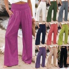 Womens High Waist Cotton Linen Trousers Ladies Casual Baggy Wide Leg Yoga Pants
