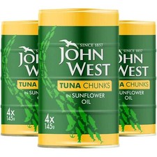John West Tuna Chunks in Sunflower Oil Tins Traceable Fish Cans UK Pack 12x145g