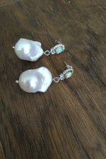 Real white baroque pearl and opal earrings