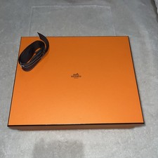 Authentic empty orange Hermes gift box with ribbon, measuring 36x29x12 cm.