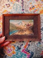 Hand Painted Framed Mountain Scene, Relief, Log Cabin, Wooden Frame, Old, Rustic