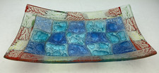 Fused Art Glass Banana Shaped Fruit Bowl Dish, Artsy Bubbles, Blue & Red. VGC.