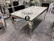 Louis 1.5m dining table with grey marble top & x6 silver grey dining chairs