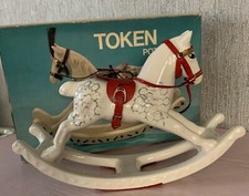 TOKEN POTTERY CERAMIC ROCKING HORSE WITH TACK DAPPLE GREY  VINTAGE BOXED