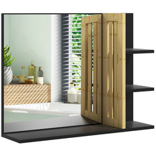 Black Bamboo MDF Wall Mount Bathroom Mirror with 4 Storage Shelves 45x15cm