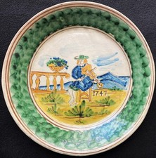 c. 1747 Italian Caltagirone Majolica Sicilian Polychrome Wall Plate Dated 1747