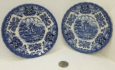 2 British Anchor England Ironstone~Olde Country Castles~Blue 5.5" Tea Cup Saucer
