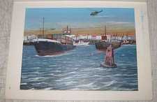 GEORGE BOWMAN USAF HELICOPTER OVER CARGO BOATS PAINTING