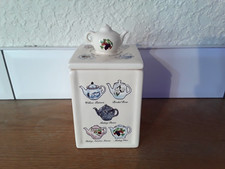 Vintage tea caddy by Ringtons Tea Merchants, ceramic, patterned with teapots.