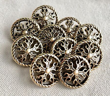 10 Open Work Flower Design Dark Gold Buttons, 18mm, Twisted Rim, Shank, Set