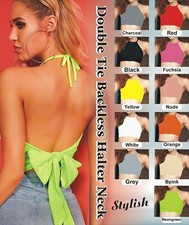 Trendy Halter Neck Backless Crop Top Double Tie Sleek Fit Summer Tee For Ladies