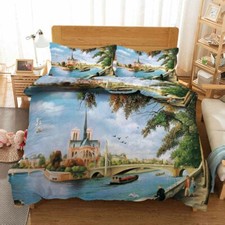 Big Castle Lake Bridge Boat 3D Quilt Duvet Doona Cover Set Pillow case Print