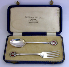 STERLING SILVER ENAMEL KING GEORGE VI CORONATION ROYAL SPOON & FORK CASED