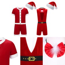 UK Mens Christmas Holiday Santa Claus Costume Singlet Wrestling Leotard with Hat