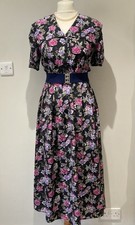 Size 14 vintage 80s black pink floral tea dress WW2 1930s 40s 50s retro style