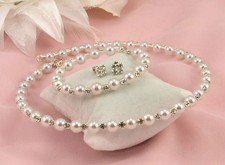 WHITE  FAUX PEARL & RHINESTONE CRYSTAL CHOKER NECKLACE, EARRINGS & BRACELET SET