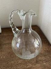 Vintage Bohemian Glass Jug – Etched Archer & Church Scene, Twisted Handle