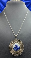 Vintage Holland Windmill Pendant in Delft Style New 925 Silver Plated 46cm Chain
